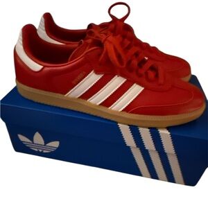 Adidas Womens Red leather Sneakers with White Stripes